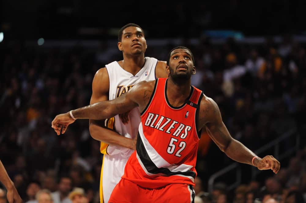 Portland Trailblazers center Greg Oden (52) and Los Angeles Lakers center Andrew Bynum (17) during game in Los Angeles CA.