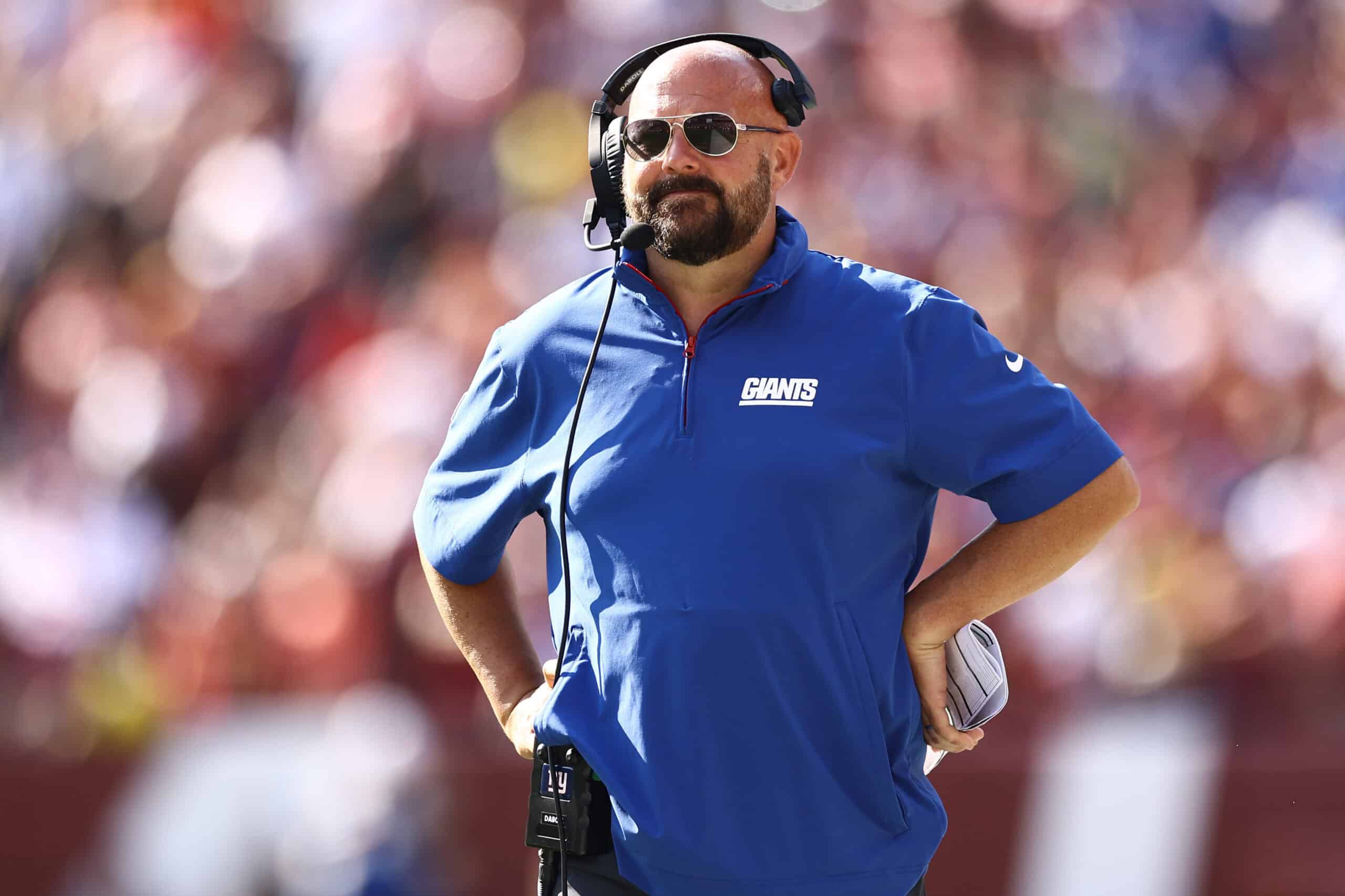 LANDOVER, MARYLAND - SEPTEMBER 15: Head coach Brian Daboll of the New York Giants looks on during the fourth quarter of a game against the Washington Commanders at Northwest Stadium on September 15, 2024 in Landover, Maryland.
