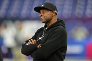 INDIANAPOLIS, INDIANA - MARCH 02: Former San Francisco 49ers Wide Receiver Jerry Rice looks on during the NFL Combine at Lucas Oil Stadium on March 02, 2024 in Indianapolis, Indiana.