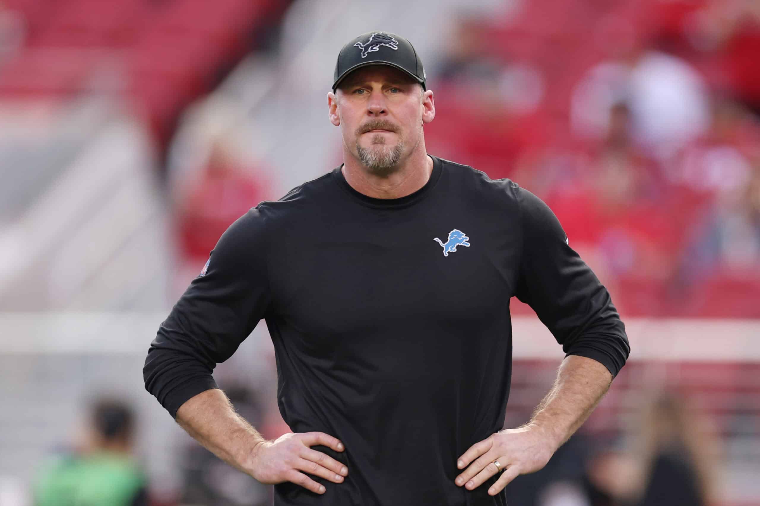 SANTA CLARA, CALIFORNIA - JANUARY 28: Head coach Dan Campbell of the Detroit Lions looks on prior to a game against the San Francisco 49ers in the NFC Championship Game at Levi's Stadium on January 28, 2024 in Santa Clara, California.