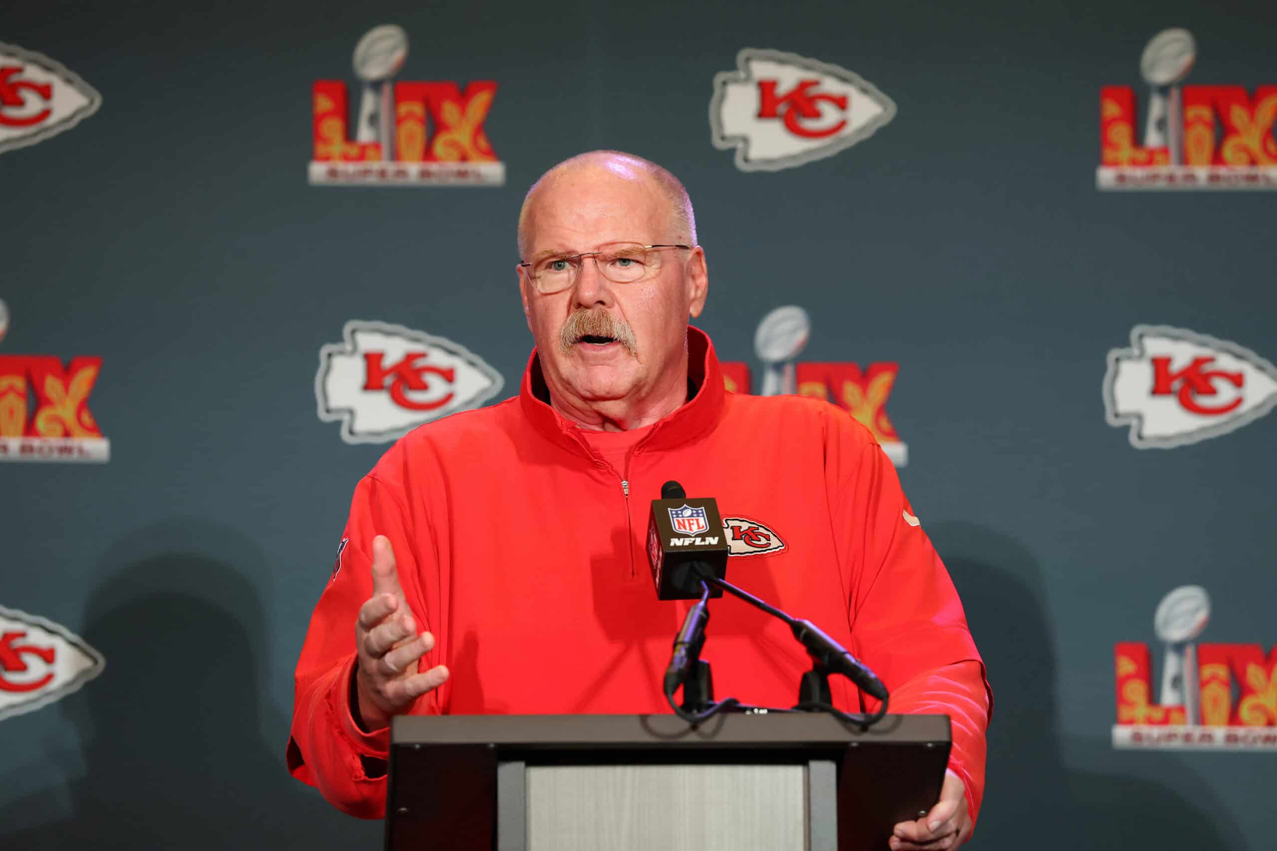 NEW ORLEANS, LOUISIANA - FEBRUARY 06: Head coach Andy Reid of the Kansas City Chiefs talks during media availability prior to Super Bowl LIX at the New Orleans Marriott on February 06, 2025 in New Orleans, Louisiana.
