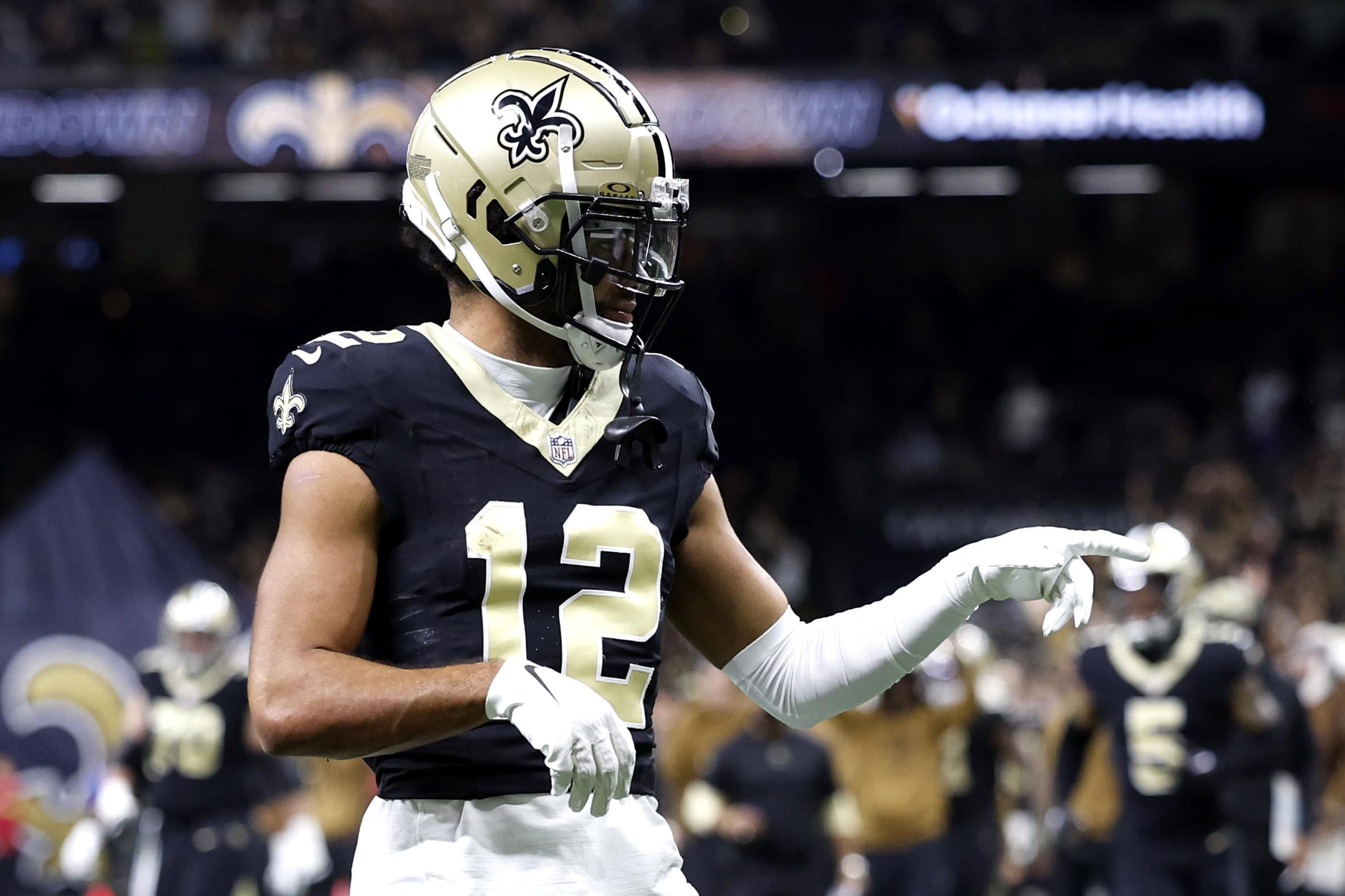 NEW ORLEANS, LOUISIANA - NOVEMBER 05: Chris Olave #12 of the New Orleans Saints celebrates after a touchdown during the first quarter in the game against the Chicago Bears at Caesars Superdome on November 05, 2023 in New Orleans, Louisiana.