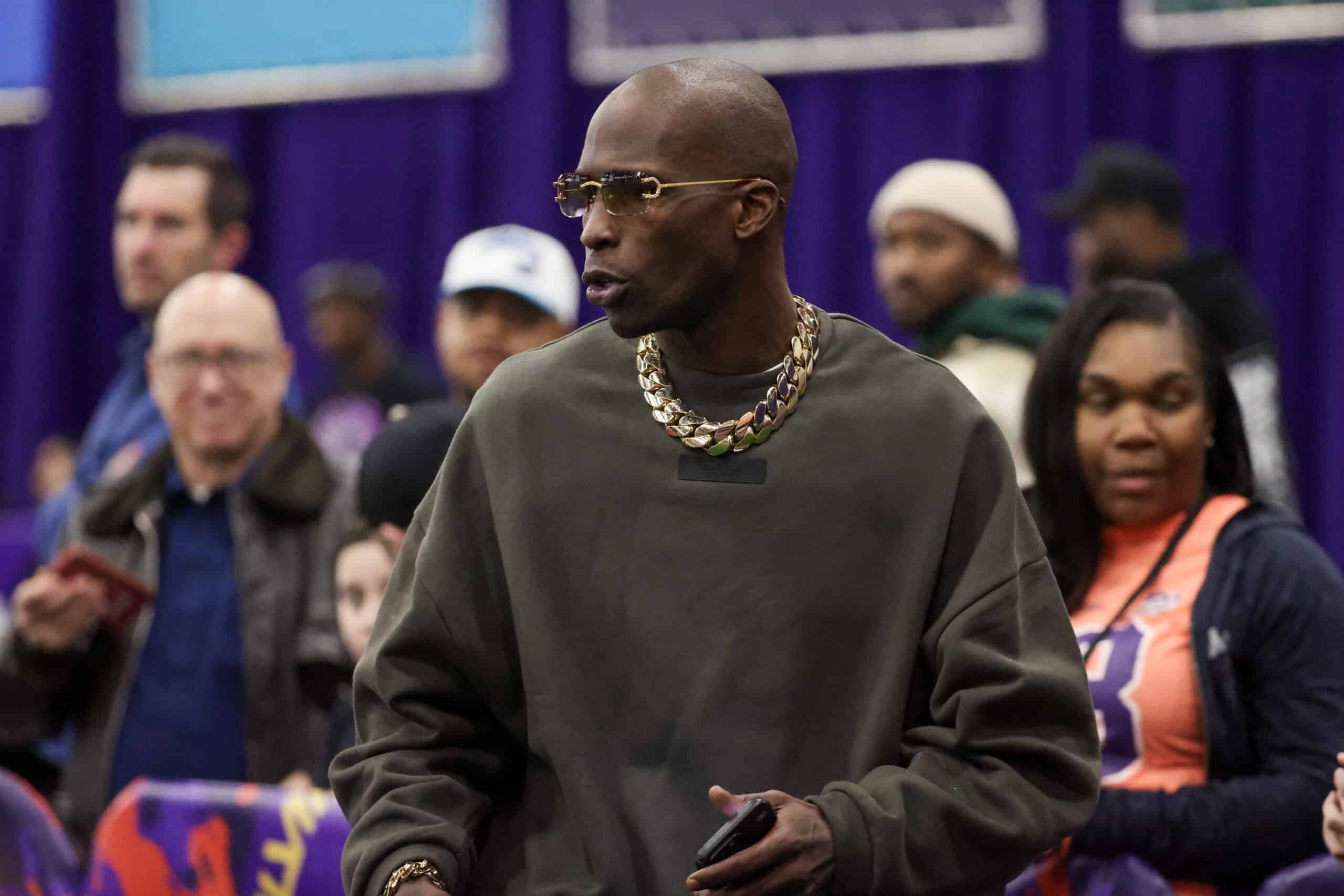 LAS VEGAS, NEVADA - FEBRUARY 09: Former NFL wide receiver Chad Johnson looks on during a celebrity flag football game at the Mandalay Bay Convention Center on February 09, 2024 in Las Vegas, Nevada.