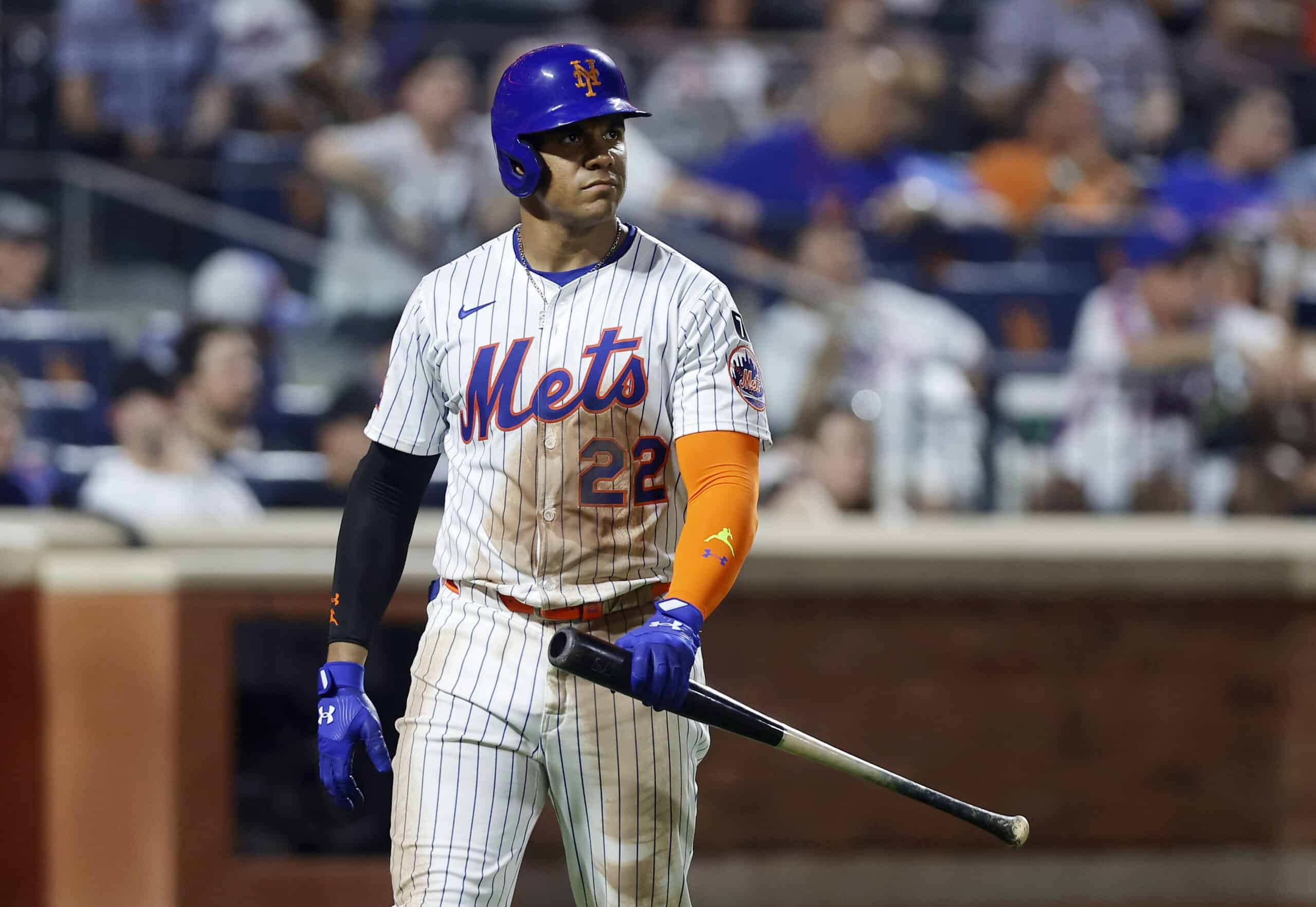 NEW YORK, NEW YORK - AUGUST 05: Juan Soto #22 of the New York Mets walks back to the dugout after striking out during the eighth inning against the Cleveland Guardians at Citi Field on August 05, 2025 in New York City. 