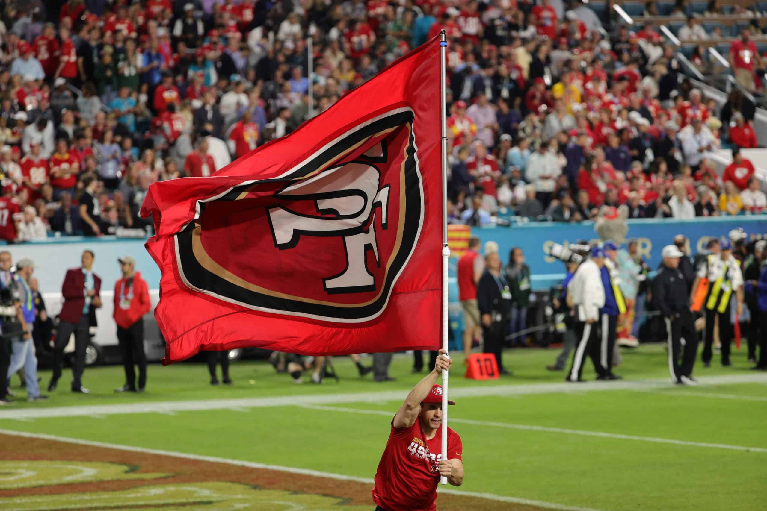 MIAMI, FLORIDA - FEBRUARY 02: A general view of San Francisco 49ers flag against the Kansas City Chiefs during the third quarter in Super Bowl LIV at Hard Rock Stadium on February 02, 2020 in Miami, Florida.