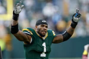 GREEN BAY, WISCONSIN - SEPTEMBER 07: Micah Parsons #1 of the Green Bay Packers celebrates after beating the Detroit Lions 27-13 at Lambeau Field on September 07, 2025 in Green Bay, Wisconsin.