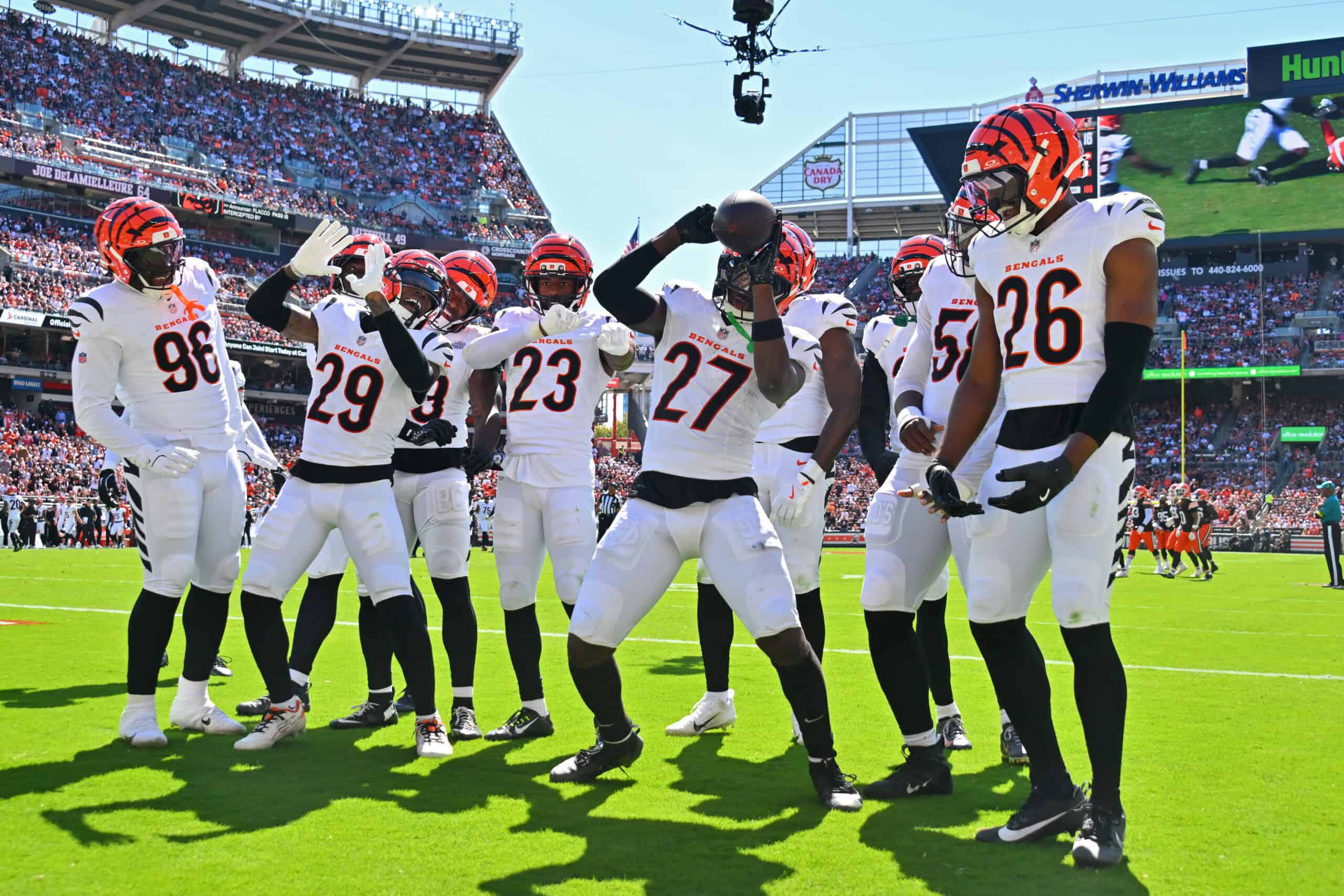 CLEVELAND, OHIO - SEPTEMBER 07: The Cincinnati Bengals players celebrate after a interception during the third quarter against the Cleveland Browns during the game at Huntington Bank Field on September 07, 2025 in Cleveland, Ohio.
