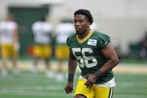 ASHWAUBENON, WISCONSIN - JUNE 10: Edgerrin Cooper #56 of the Green Bay Packers participates in drills during the Green Bay Packers mandatory minicamp at Ray Nitschke Field on June 10, 2025 in Ashwaubenon, Wisconsin.