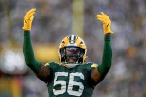 GREEN BAY, WISCONSIN - SEPTEMBER 07: Edgerrin Cooper #56 of the Green Bay Packers reacts during the fourth quarter of a game against the Detroit Lions at Lambeau Field on September 07, 2025 in Green Bay, Wisconsin.