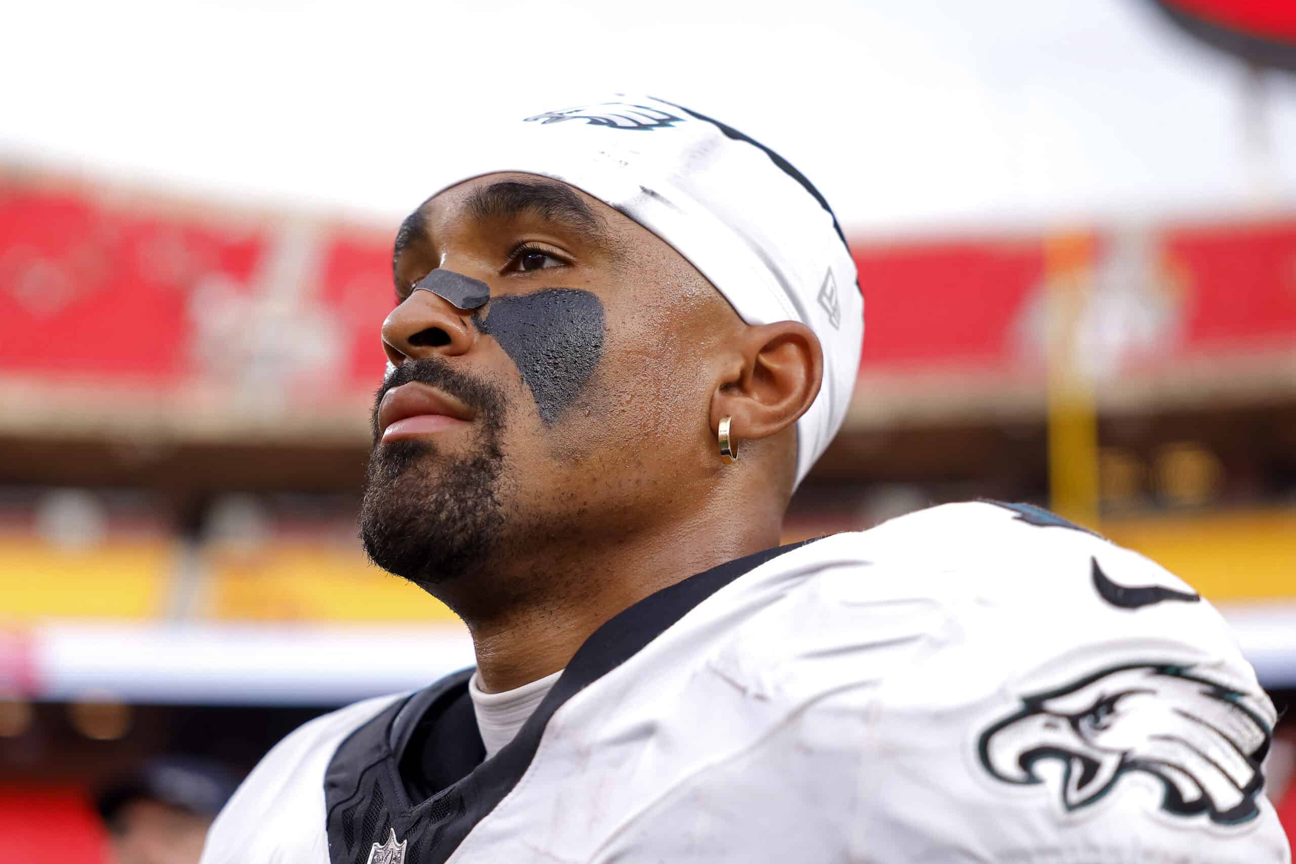 KANSAS CITY, MISSOURI - SEPTEMBER 14: Jalen Hurts #1 of the Philadelphia Eagles reacts after defeating the Kansas City Chiefs in the game at Arrowhead Stadium on September 14, 2025 in Kansas City, Missouri.