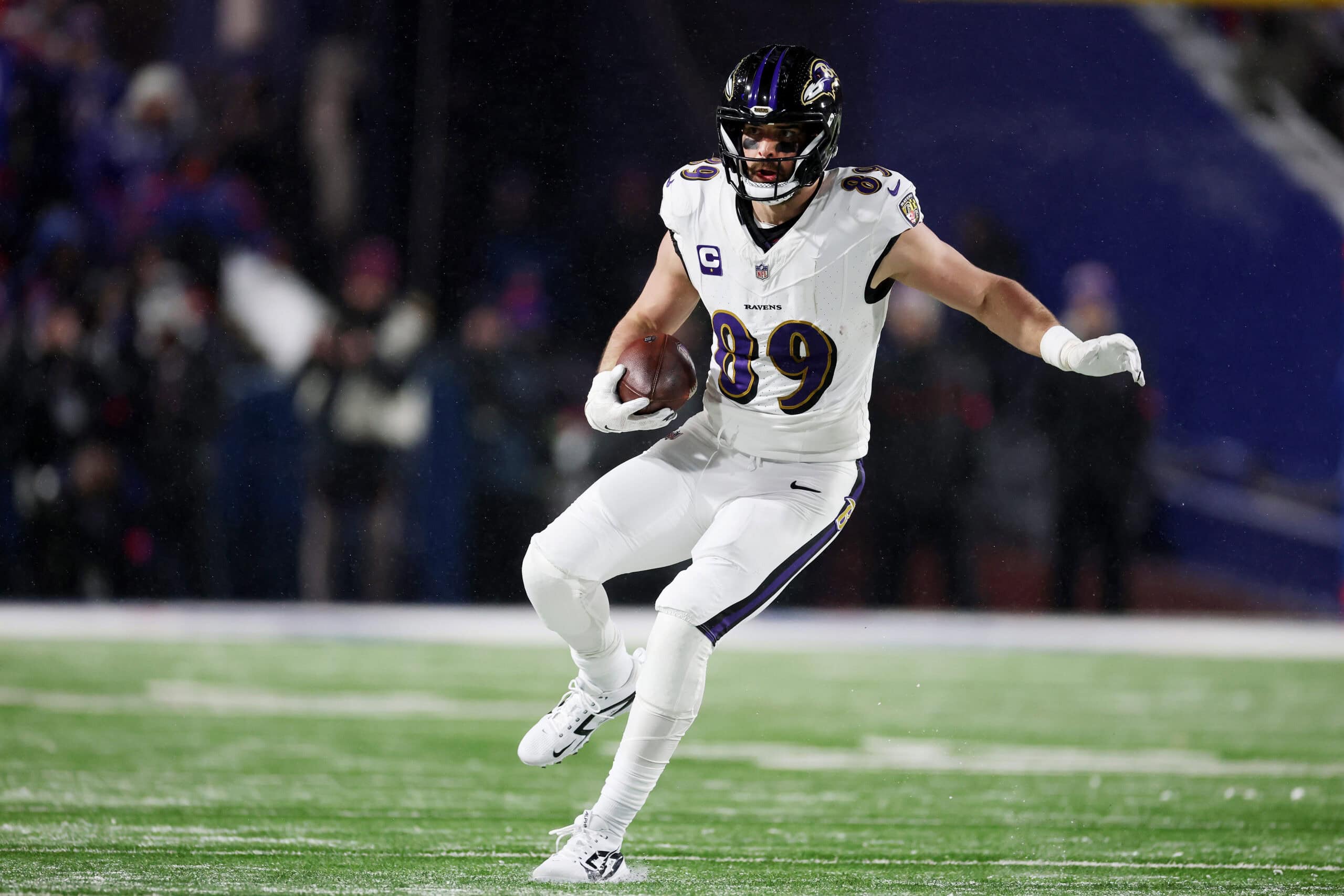 ORCHARD PARK, NEW YORK - JANUARY 19: Mark Andrews #89 of the Baltimore Ravens in action against the Buffalo Bills during their AFC Divisional playoff game at Highmark Stadium on January 19, 2025 in Orchard Park, New York.