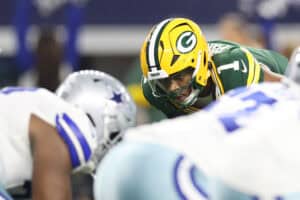 ARLINGTON, TEXAS - SEPTEMBER 28: Micah Parsons #1 of the Green Bay Packers anticipates a play during a game against the Dallas Cowboys at AT&T Stadium on September 28, 2025 in Arlington, Texas.