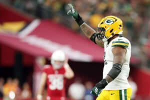 GLENDALE, ARIZONA - OCTOBER 19: Micah Parsons #1 of the Green Bay Packers reacts after a sack during the fourth quarter against the Arizona Cardinals at State Farm Stadium on October 19, 2025 in Glendale, Arizona.
