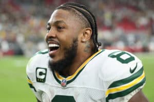 GLENDALE, ARIZONA - OCTOBER 19: Josh Jacobs #8 of the Green Bay Packers reacts after his team's 27-23 victory against the Arizona Cardinals at State Farm Stadium on October 19, 2025 in Glendale, Arizona.