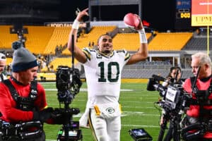 PITTSBURGH, PENNSYLVANIA - OCTOBER 26: Jordan Love #10 of the Green Bay Packers celebrates after defeating the Pittsburgh Steelers 35-25 in the game at Acrisure Stadium on October 26, 2025 in Pittsburgh, Pennsylvania.