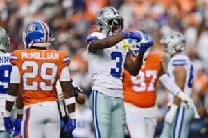 DENVER, COLORADO - OCTOBER 26: George Pickens #3 of the Dallas Cowboys reacts after a catch against the Denver Broncos during the second quarter in the game at Empower Field At Mile High on October 26, 2025 in Denver, Colorado.