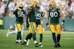 GREEN BAY, WISCONSIN - SEPTEMBER 07: Micah Parsons #1 of the Green Bay Packers celebrates with teammates during the third quarter against the Detroit Lions at Lambeau Field on September 07, 2025 in Green Bay, Wisconsin.