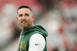 GLENDALE, ARIZONA - OCTOBER 19: Head Coach Matt Lafleur of the Green Bay Packers looks on before a game against the Arizona Cardinals at State Farm Stadium on October 19, 2025 in Glendale, Arizona.
