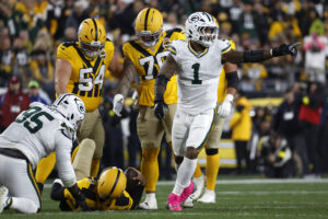 PITTSBURGH, PENNSYLVANIA - OCTOBER 26: Micah Parsons #1 of the Green Bay Packers celebrates after a sack against Josh Jacobs #8 of the Green Bay Packers during the first quarter in the game at Acrisure Stadium on October 26, 2025 in Pittsburgh, Pennsylvania.