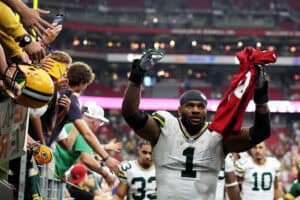 GLENDALE, ARIZONA - OCTOBER 19: Micah Parsons #1 of the Green Bay Packers celebrates after his team's 27-23 against the Arizona Cardinals at State Farm Stadium on October 19, 2025 in Glendale, Arizona.