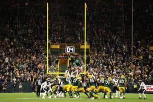 GREEN BAY, WISCONSIN - NOVEMBER 10: Brandon McManus #17 of the Green Bay Packers misses a 64 yard field goal against the Philadelphia Eagles during the fourth quarter in the game at Lambeau Field on November 10, 2025 in Green Bay, Wisconsin.