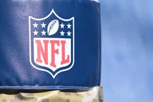 ORCHARD PARK, NEW YORK - NOVEMBER 02: A view of the NFL logo on a goal post prior to the game between the Kansas City Chiefs and Buffalo Bills at Highmark Stadium on November 02, 2025 in Orchard Park, New York.